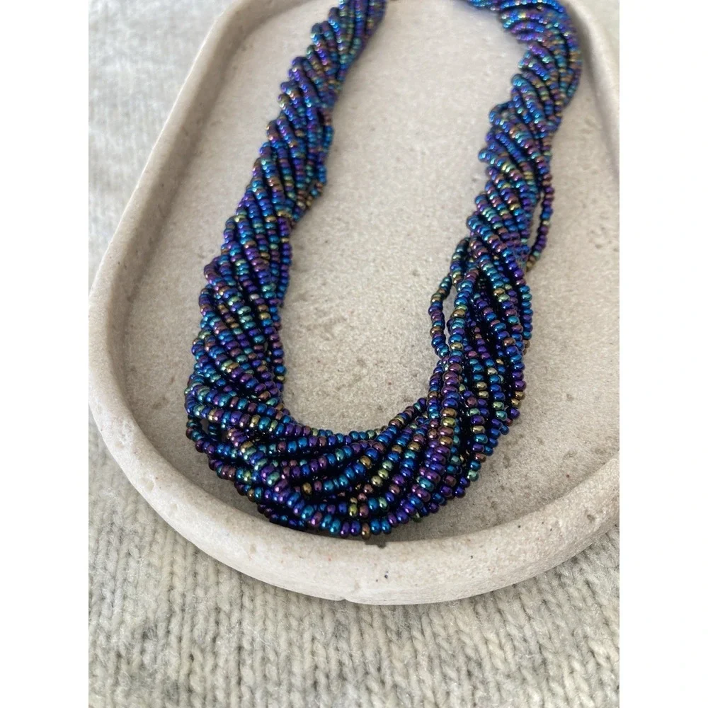 Iridescent Seed Bead Necklace‎ Multi Strand Twisted Peacock Blue Purple Chunky